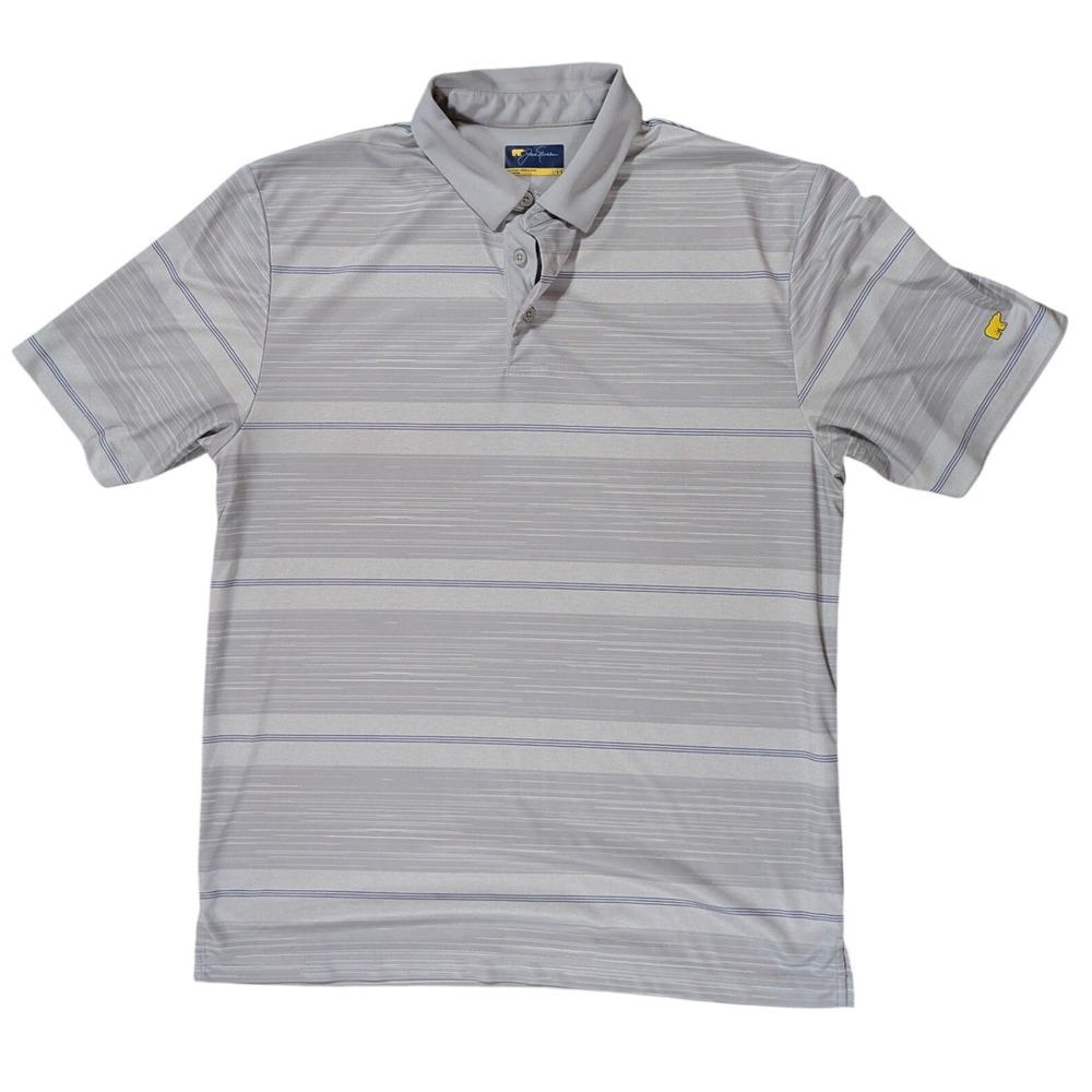 Jack Nicklaus Polo Shirt Mens L Grey Blue Striped Performance‎ Golf Golden Bear